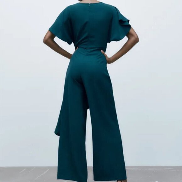 NWT Zara Teal Cross Ruffled Jumpsuit, Size XS - Picture 2 of 15